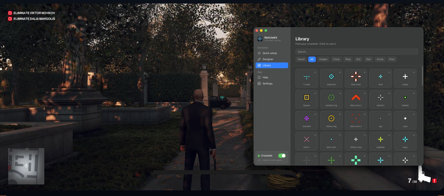 The ReticleKit library open over Hitman, showing a grid of named crosshairs with filters for Cross, Ring, Dot, Star, Arrow and Pros.