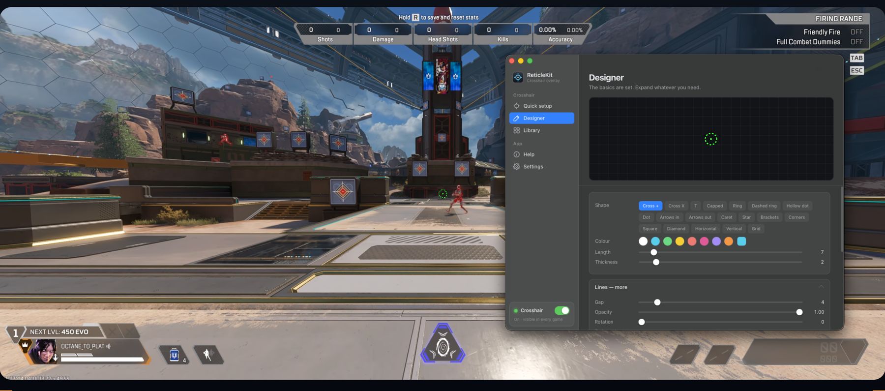 The ReticleKit designer open over the Apex Legends firing range, with shape, colour, length, thickness, gap, opacity and rotation controls.