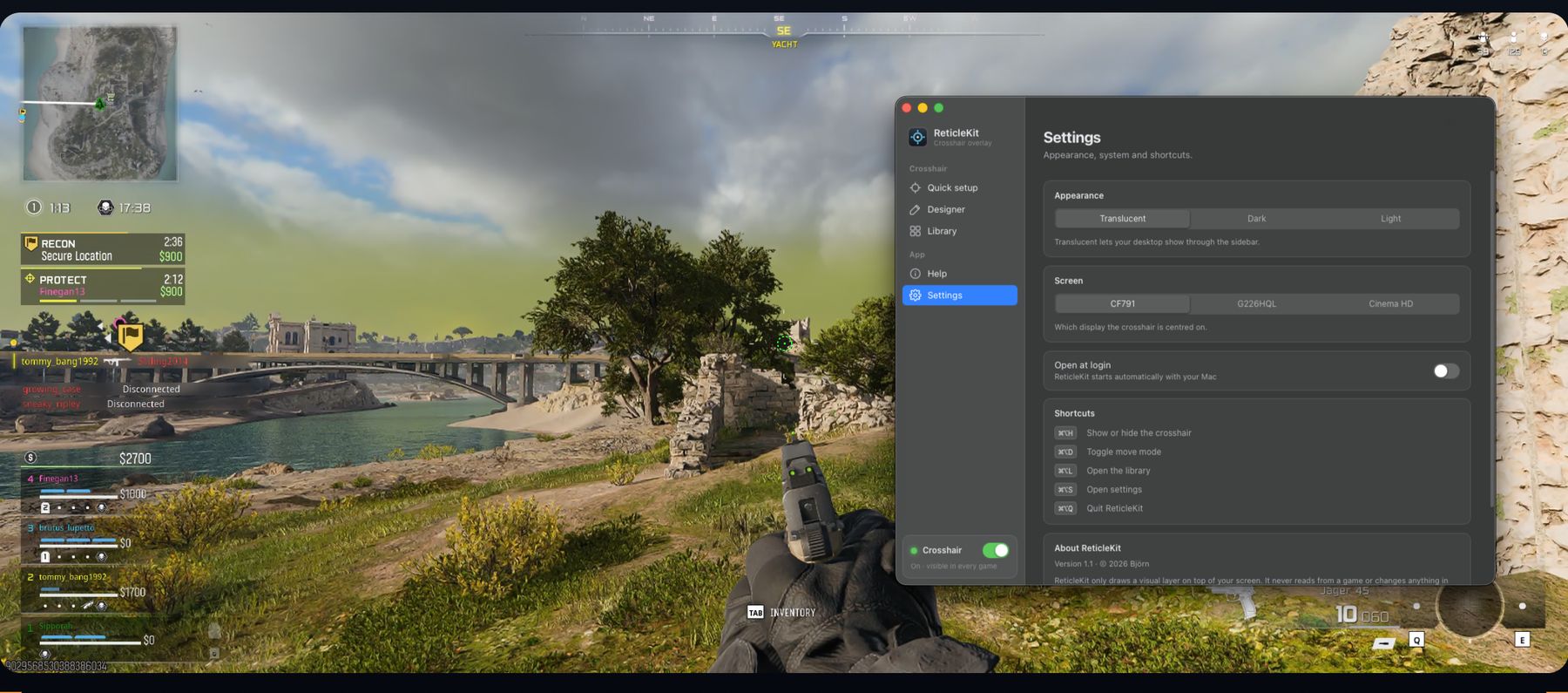 ReticleKit settings over Call of Duty, showing appearance themes, display picker, open at login and the keyboard shortcut list.